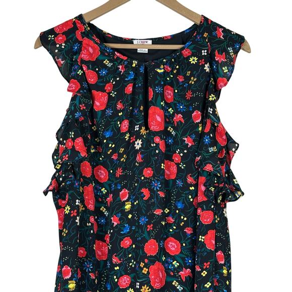 J. Crew Mini Dress Womens S Black Floral Ruffle Sleeveless Cottagecore Whimsy - Picture 3 of 6